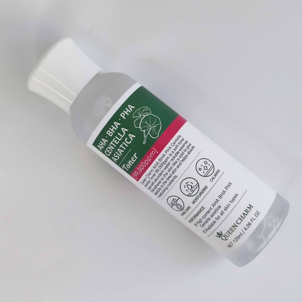 QUEEN CHARM Тонер для лица с AHA BHA PHA кислотами и центеллой азиатской 9,9% AHA BHA PHA CENTELLA ASIATICA TONER, 120 мл
