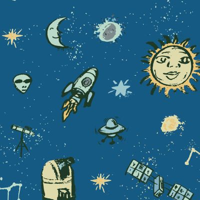 Космический рисунок иллюстрации. Узор с планетами, звездами, кометой, воздушным шаром, телескопом.