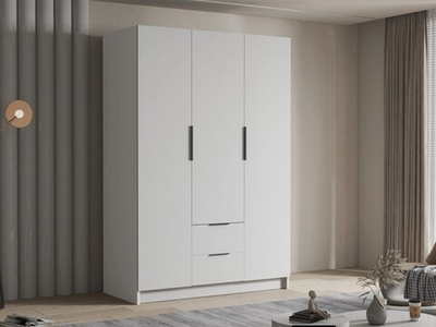 Распашной трехсекционный шкаф Эмма с 2 ящиками, c черными ручками Белый снег 8685 BS  170*45*240