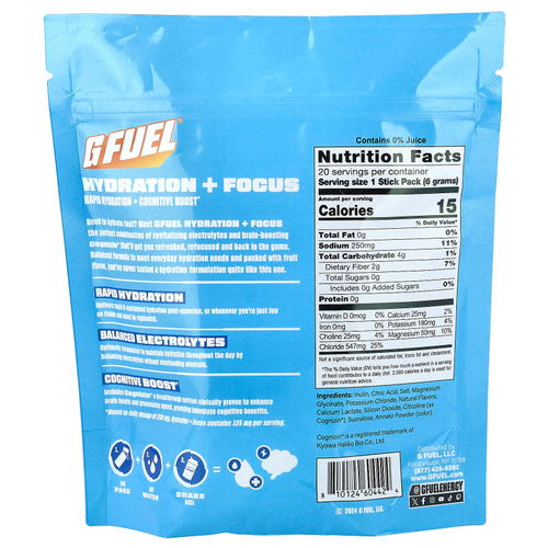 G FUEL, Hydration + Focus, смесь для приготовления электролитического напитка с Cognizin®, со вкусом апельсина, 20 пакетиков-стиков по 6 г (0,21 унции)