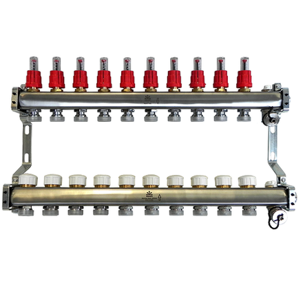 Коллекторный блок для тепл.пола 1"x3/4"EU отв.-10, в комплекте: расходомеры, термостат. клапаны, сливн. краны, ручн.возд., кронштейны, заглушки