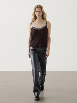 Massimo Dutti Топ в бельевом стиле с отделкой кружевом, шоколадный