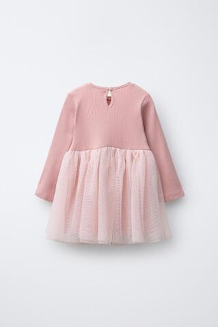 ZARA КОМБИНИРОВАННОЕ ПЛАТЬЕ ИЗ ТУЛЯ С БЛЁСТКАМИ, ПАСТЕЛЬНО-РОЗОВЫЙ