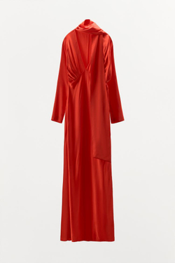 ZARA АТЛАСНОЕ ПЛАТЬЕ С РУКАВАМИ «ЛЕТУЧАЯ МЫШЬ» И ПЛАТКОМ, КРАСНЫЙ