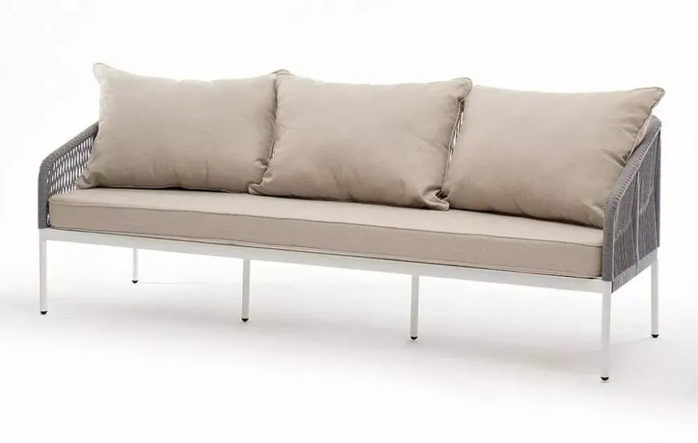 "Канны" диван 3-местный плетеный из роупа, каркас алюминий белый муар, роуп светло-серый круглый, ткань бежевая 15052
