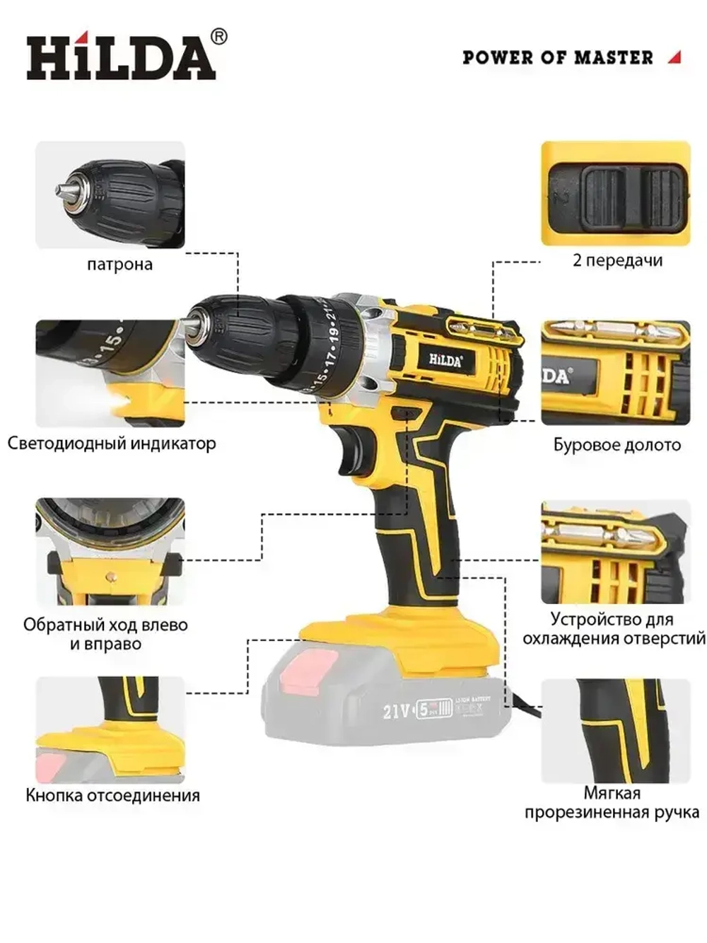 HILDA дрель шуруповерт аккумуляторная 25+3 Режима