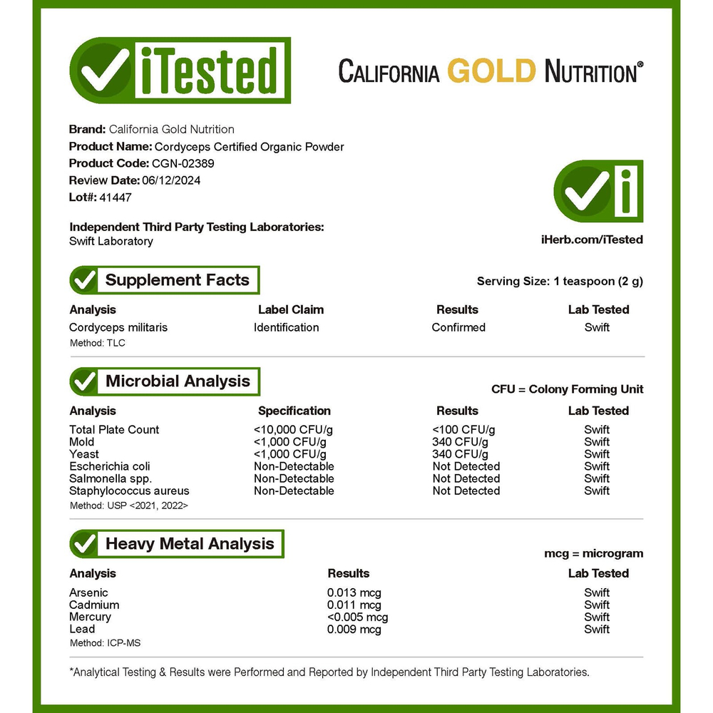California Gold Nutrition, Fungiology®, порошок из сертифицированного органического кордицепса военного, 120 г (4,2 унции)