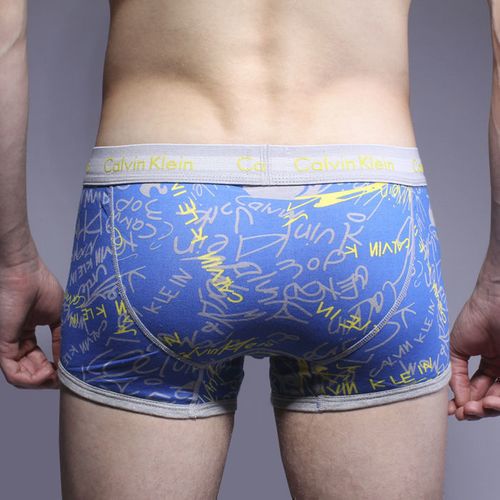 Мужские трусы боксеры синие с серой резиной Calvin Klein 365 Blue and Yellow Signature Print