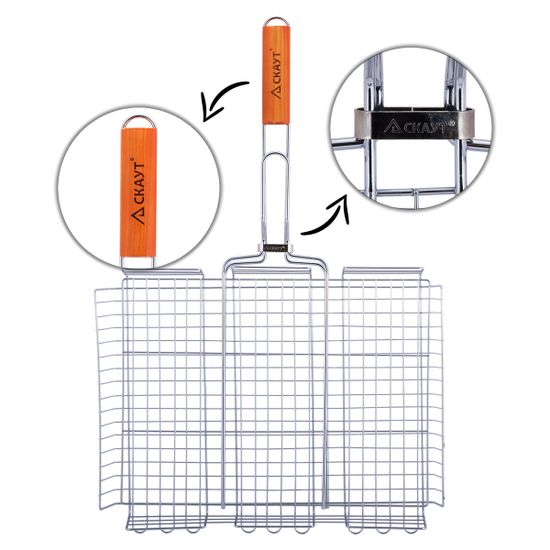 Решетка для гриля глубокая 42,5х32х7 см. из хромированной стали СКАУТ СК-0706 с деревянными ручками