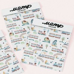 Ткань лен акварельные паровозики