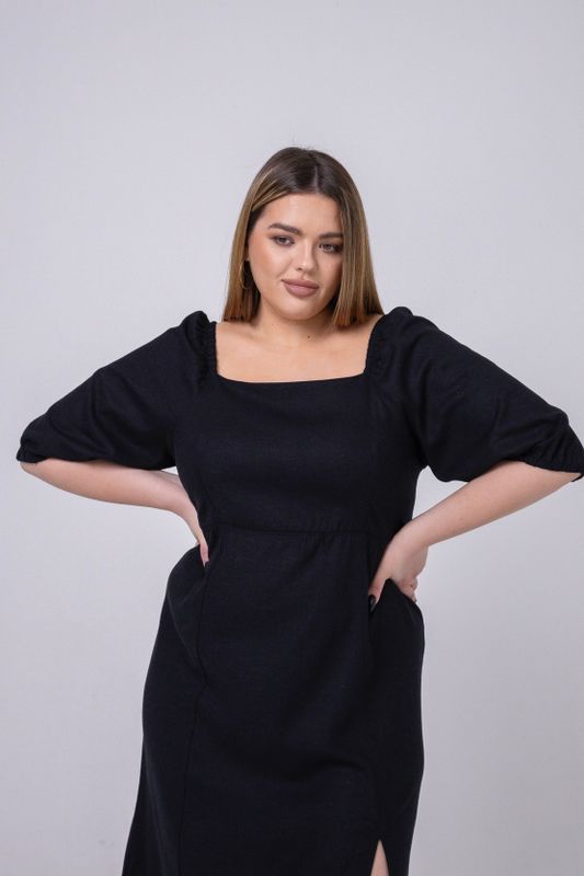 Платье льняное миди с вырезом каре, черный