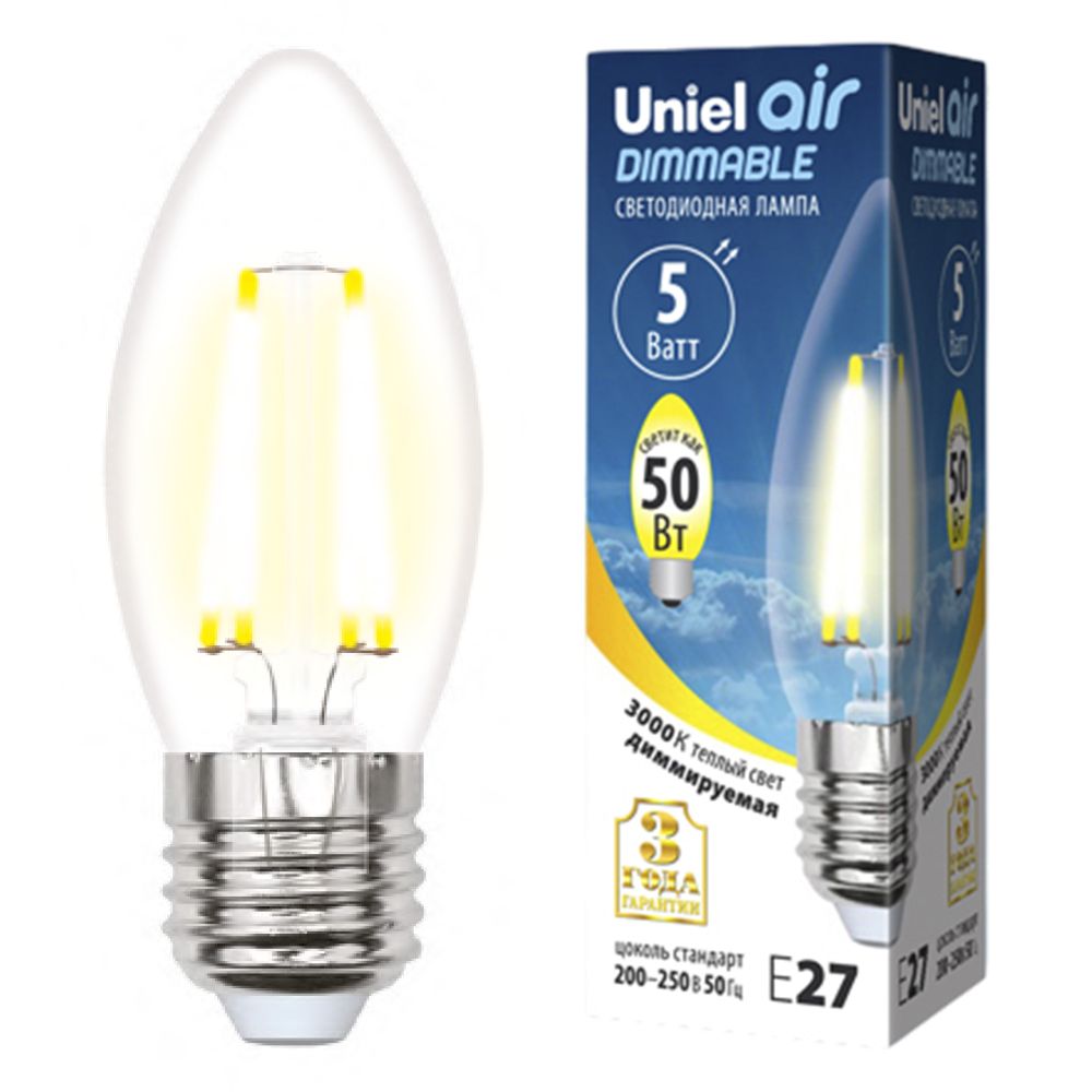 LED-C35-5W-WW-E27-CL-DIM GLA01TR Лампа светодиодная диммируемая. Форма свеча. прозрачная. Серия Air. Теплый белый свет 3000K. Картон. ТМ Uniel