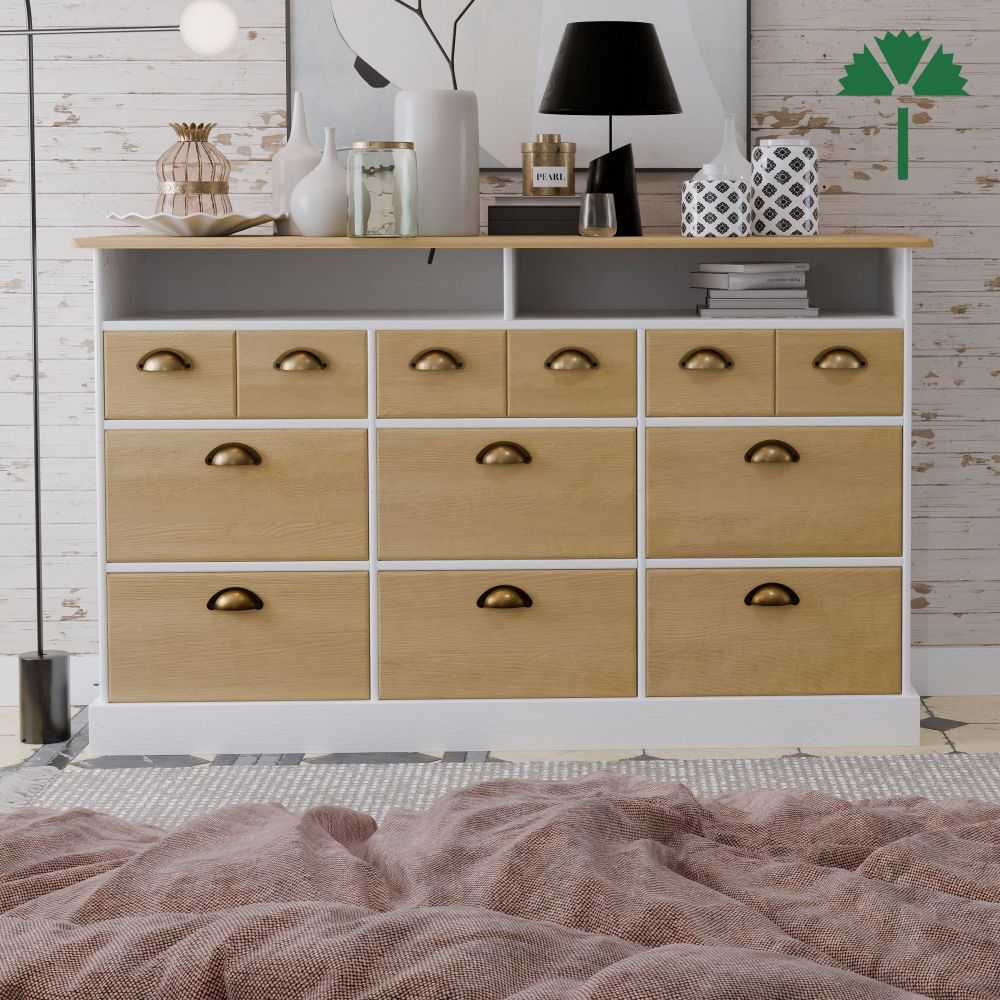 Комод деревянный Тэа 139х38х84 см с ящиками и полкой Тэа из массива сосны, 9 ящиков / белый, бейц