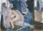 Эдгар Дега. 1877 (ок). Женщина, выходящая из ванны (Woman Getting Out of the Bath). 15.9 x 21.6. Бумага, пастель по монотипии. Пасадена, музей Нортона Саймона.