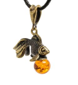 AM- 121 Подвеска «Золотая рыбка» (латунь, янтарь)