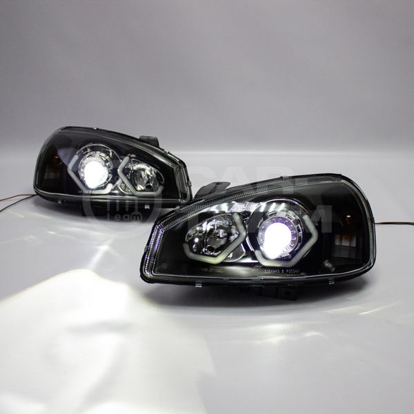 Фары Лада Калина 1 передние в стиле BMW с Bi LED модулями 2,0 дюйма, белые галочки