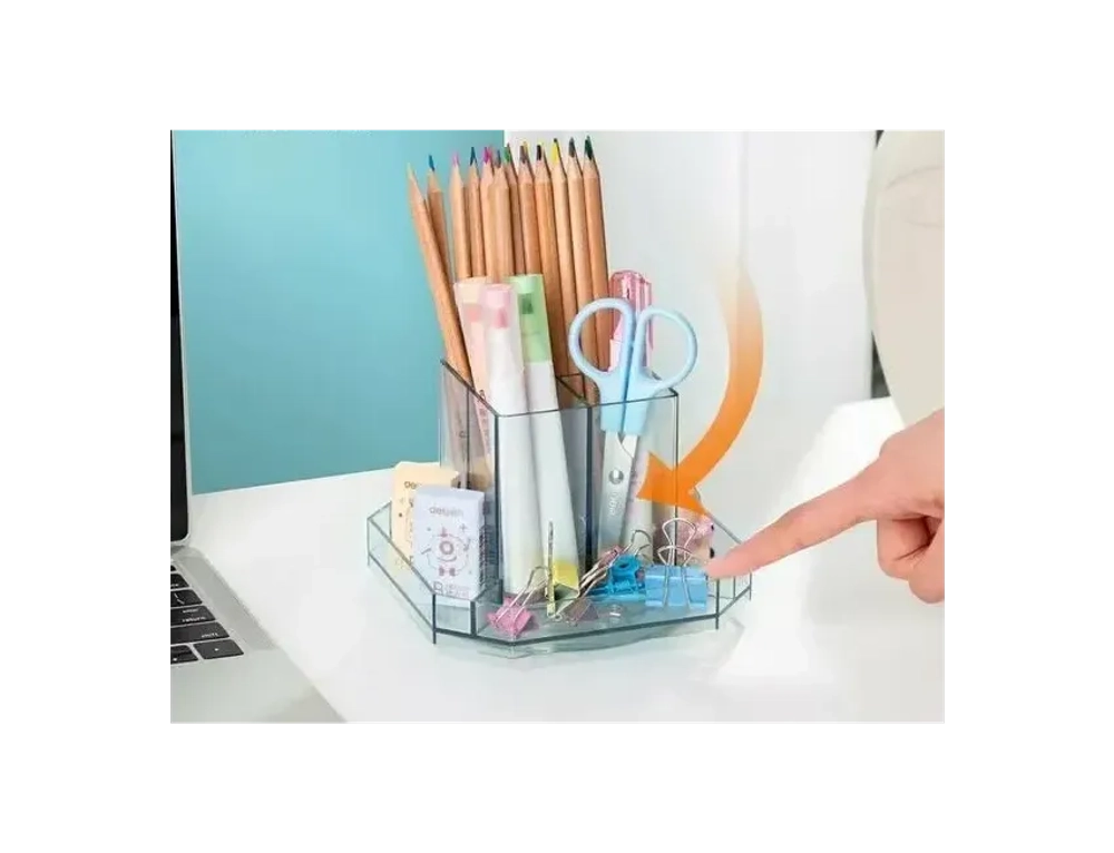 Подставка для канц.принадлежностей Deli 140x140x98мм, крутящ., прозрачно-синий, 8942BLUE