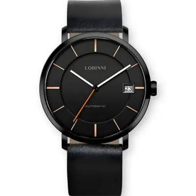 Часы наручные механические с автоподзаводом ПРЕМИУМ LOBINNI на кожаном ремешке, черный W9690-01