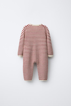ZARA ВЯЗАНЫЙ КОМБИНЕЗОН В ПОЛОСКУ С ВЫШИТЫМ ДЕРЕВОМ, БУРГУНДИ