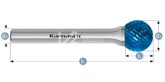 Борфреза твердосплавная Karnasch форма D (сфера), 2х1,8х3х38 мм, универсальная насечка HP-3, покрытие Blue-Tec, арт. 11.5031-020