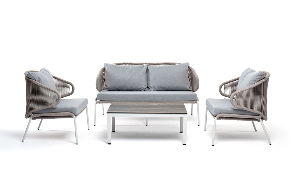 "Милан" лаунж-зона 4-местная плетеная из роупа (веревки), каркас алюминиевый белый, роуп бежевый