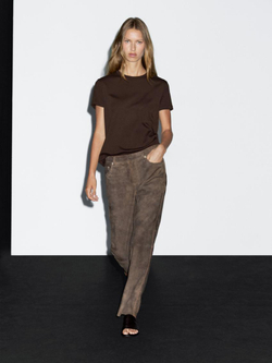 Massimo Dutti Футболка из плотного хлопка с декоративными швами, коричневый