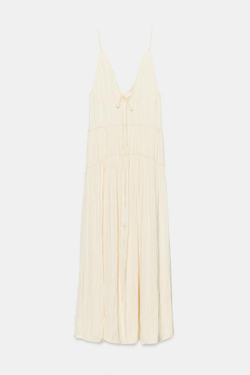 ZARA ДЛИННОЕ АТЛАСНОЕ ПЛАТЬЕ СО СБОРКАМИ, ЭКРЮ