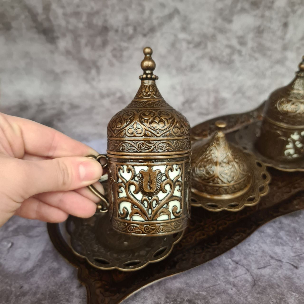 Кофейный набор "Купол" на 2 персоны с лукумницей и подносом/ACAR. Турция (золотистый)