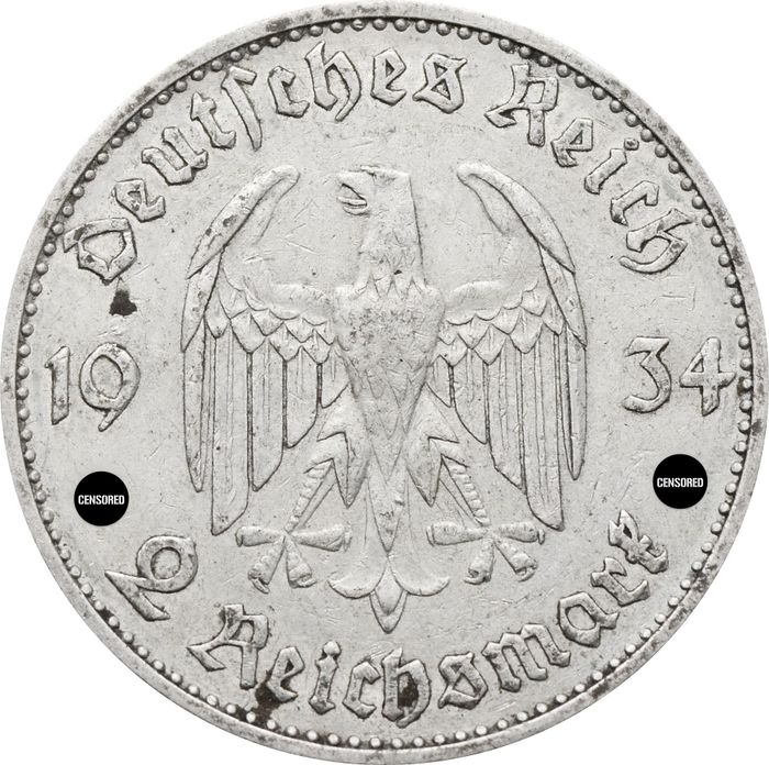 2 рейхсмарки 1934 Германия (Третий Рейх) "A" «Годовщина нацистского режима — Гарнизонная церковь в Постдаме»