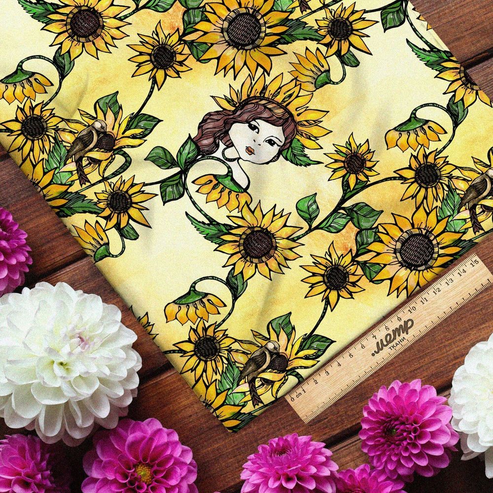 Ткань бифлекс девушка в подсолнухах