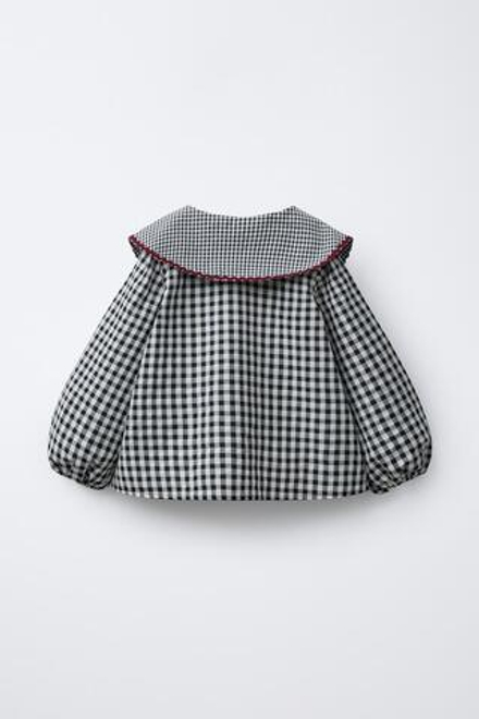 ZARA БЛУЗА В КЛЕТКУ ВИШИ С ВОЛНИСТЫМИ КРАЯМИ, ЭКРЮ