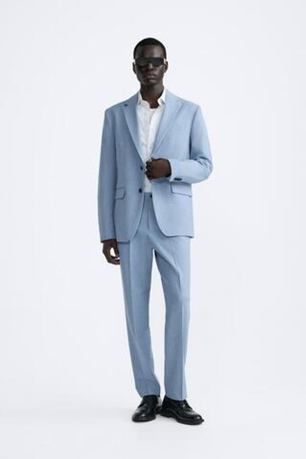 ZARA КОСТЮМНЫЙ ПИДЖАК ИЗ РЕЛЬЕФНОЙ ТКАНИ, НЕБЕСНО-ГОЛУБОЙ