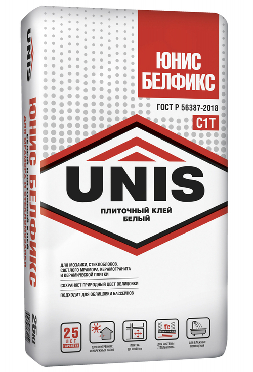 Клей UNIS БЕЛФИКС С1Т белый для стеклянной, мозаичной плитки и мрамора 5 кг