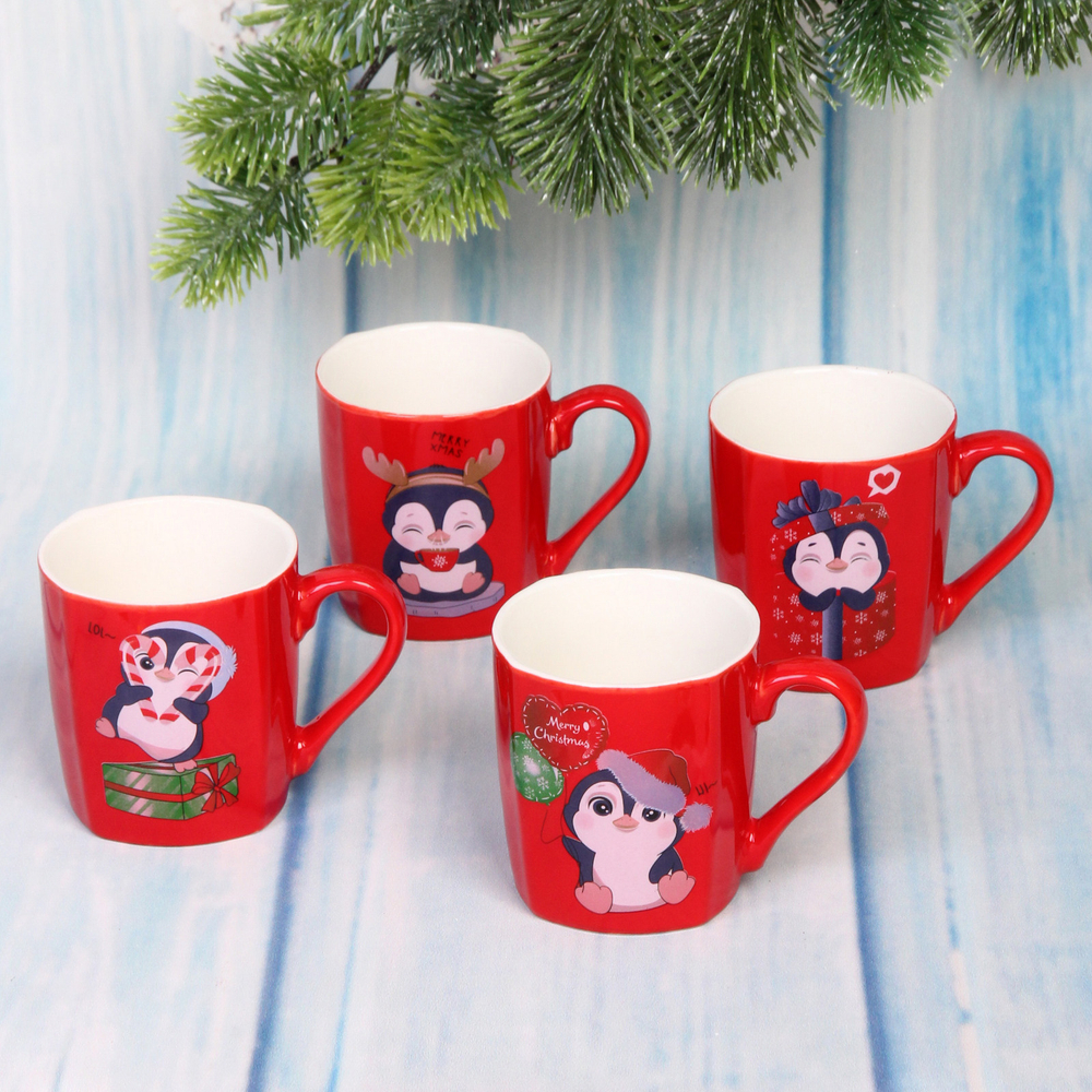 Кружка керамическая 210мл «Пингвинята», красная