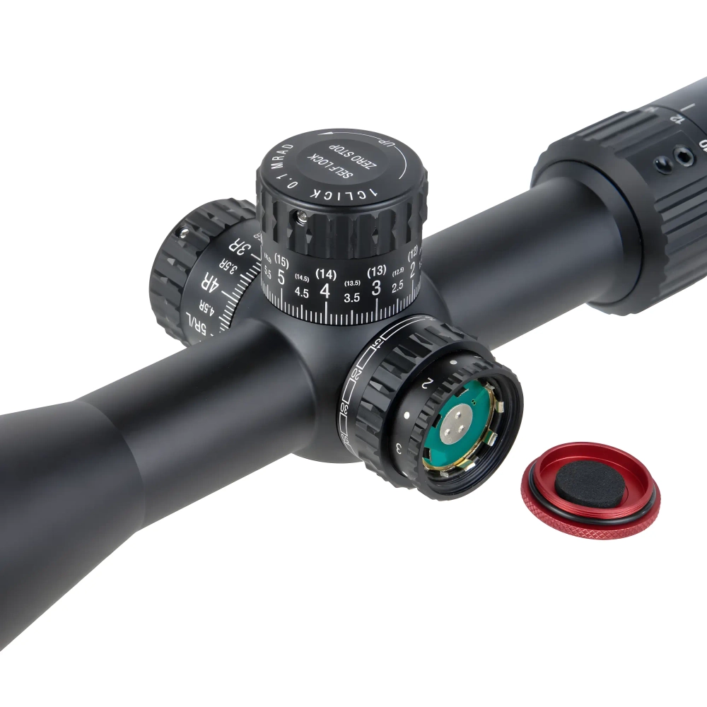 Прицел оптический Veber Wolf Alfa 3-12x42 SF TR2, вид сверху с крышкой и регулировкой