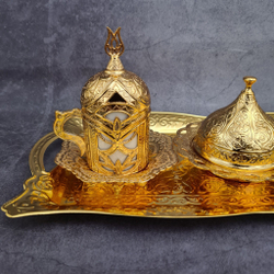 Кофейный набор "Lale" на 2 персоны с лукумницей и подносом/ACAR. Турция (золотистый)