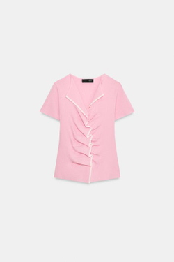 ZARA ТРИКОТАЖНЫЙ ТОП СО СБОРКАМИ, РОЗОВЫЙ