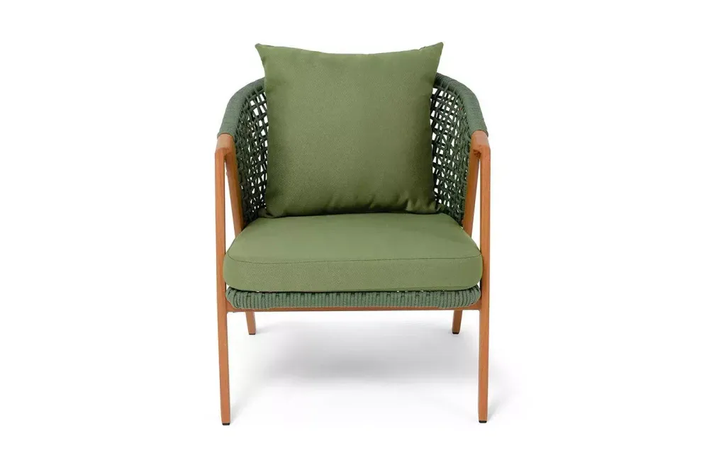 "Амстердам" кресло плетеное из роупа, каркас алюминий, роуп зеленый круглый, ткань зеленая