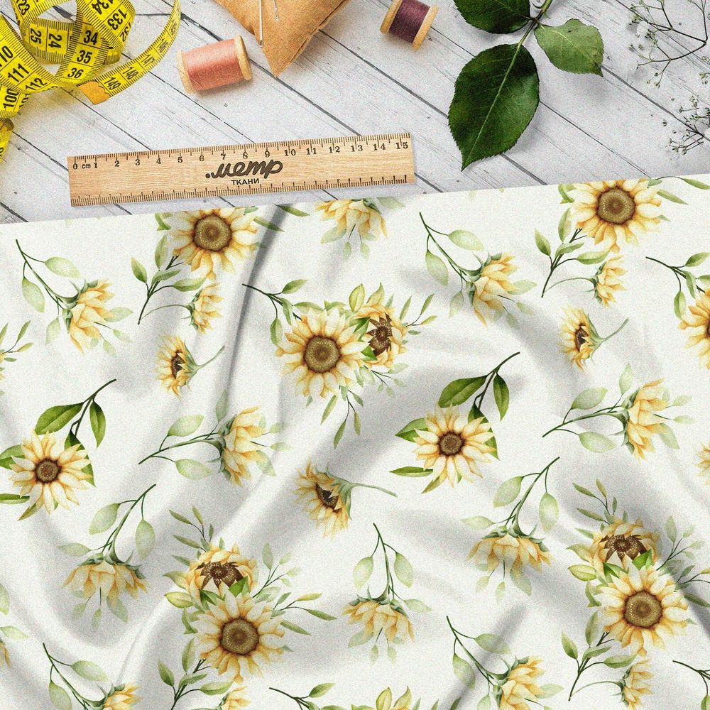 Ткань шифон подсолнухи на зеленом