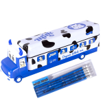 Пенал с наполнением, металлический 2 отделения автобус Alingar, таб. умнож, линейка 15 см, 5 ч/г карандашей, 3 точилки 50 х 190 мм, "Milk bus", синий