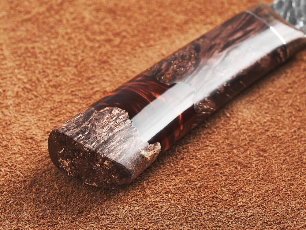 Якутский нож "Амга", сталь Х12МФ, рукоять коричневая стабилизированная карельская береза / акрил агат