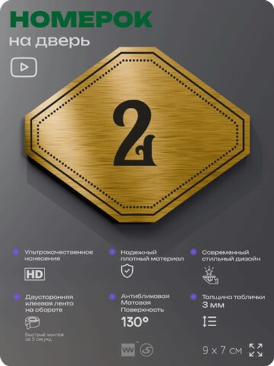 Номерок на дверь квартиры 2, для кабинета, офиса, шильдик 9 х 7 см, золотистый, Айдентика Технолоджи
