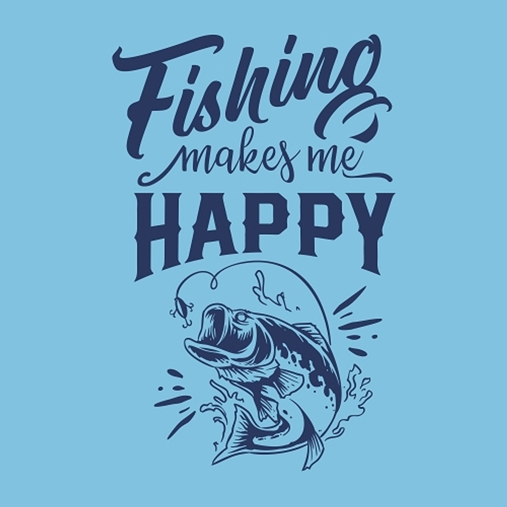 принт PewPewCat Fishing makes me happy для голубой футболки