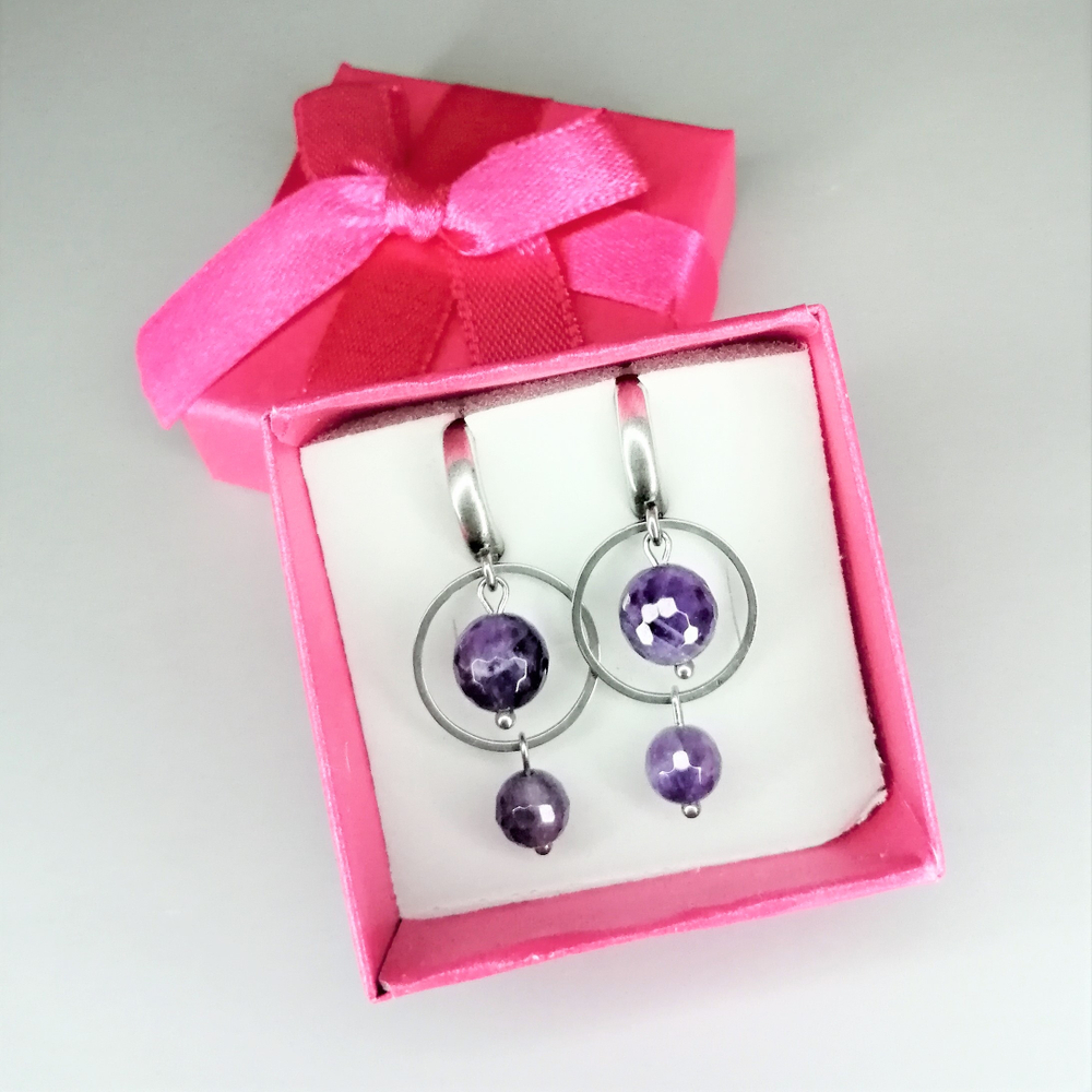 Серебряные серьги с аметистом, геометрические серёжки кольца с камнями