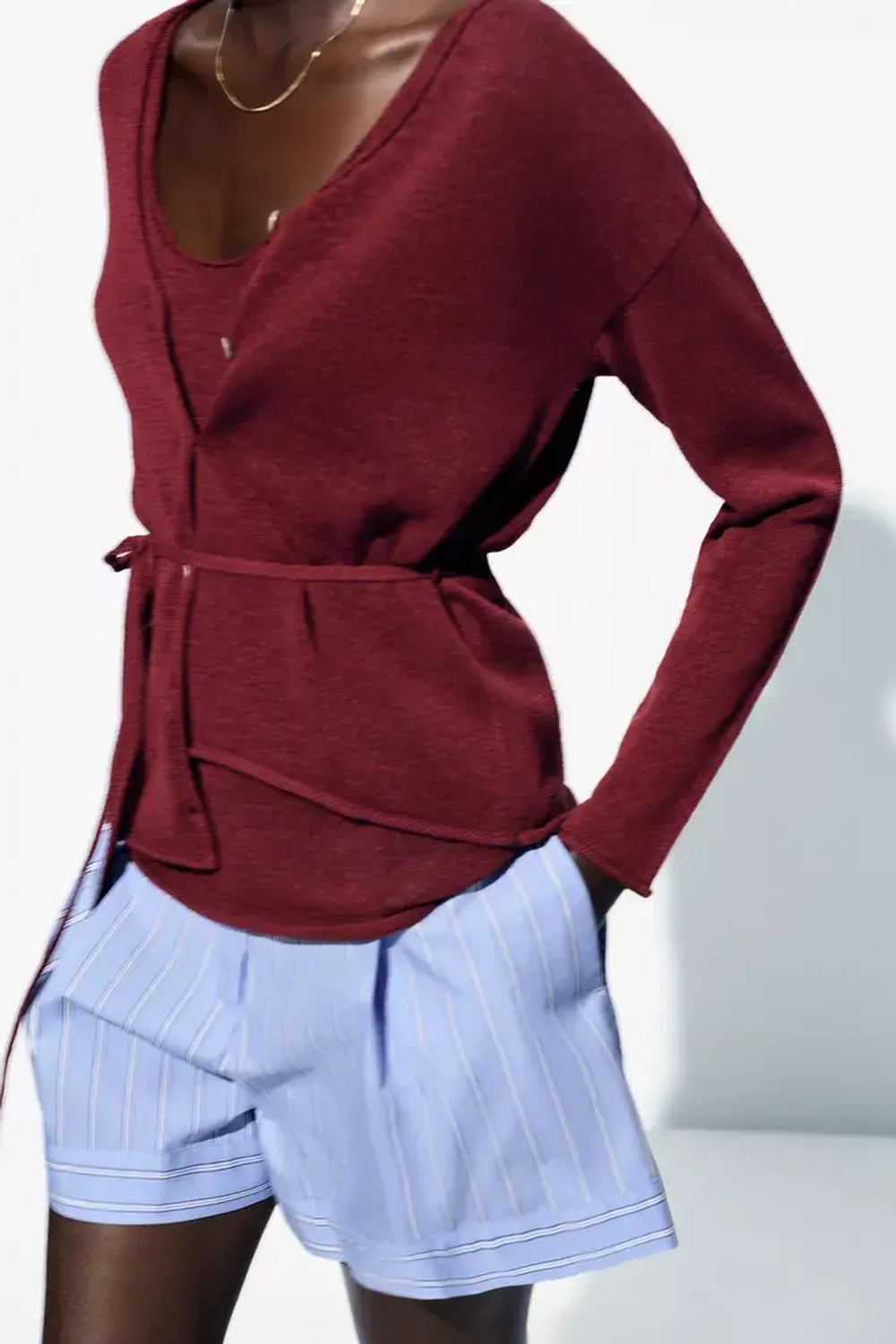 ZARA КАРДИГАН ИЗ СМЕСОВОГО ЛЬНА, ГРАНАТОВЫЙ