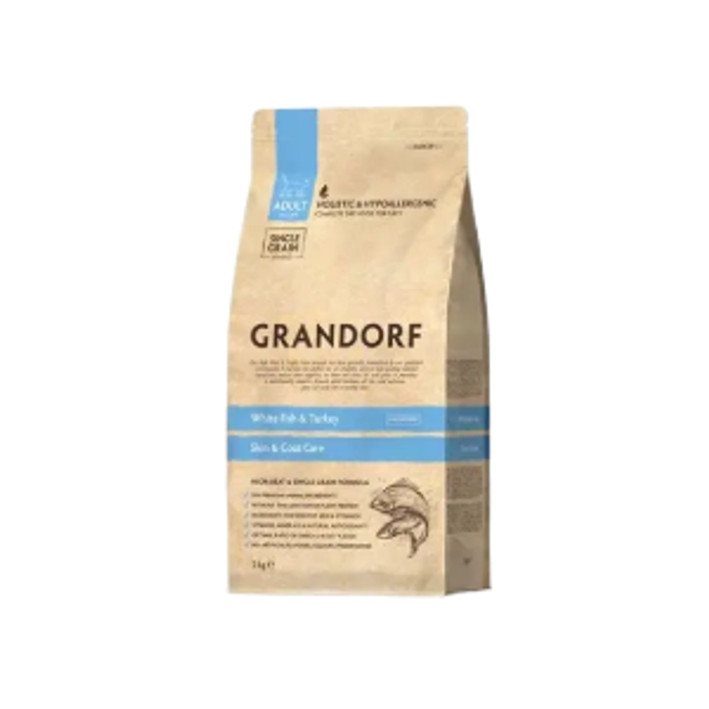 Сухой низкозерновой корм GRANDORF CAT White Fish&Turkey SKIN&CARE Белая рыба с индейкой 0,4кг