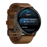 Спортивные часы Garmin Venu 4, 45 мм, коричневый кожаный ремешок, чёрный силиконовый ремешок Безель из нержавеющей стали сланцевого цвета, корпус сланцевого цвета, AMOLED-дисплей со стеклом Gorilla Glass. Ремешок с классической застёжкой — на запястье обх