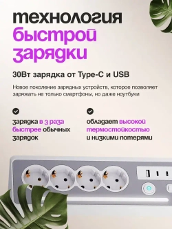 Сетевой фильтр настольный, 4 розетки + 1 USB и 2 TYPE-C быстрая зарядка 30 Вт, кабель 1.5м