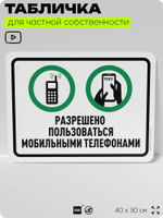Табличка для частной территории "Разрешено пользоваться мобильными телефонами", на дом, для участка, организаций и частных территорий, предупреждающая, 40х30 см, Silver Plane x Айдентика Технолоджи