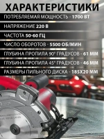 Циркулярная пила сетевая (дисковая) EDON Laser 1700Вт, 185мм диск, лазерный указатель